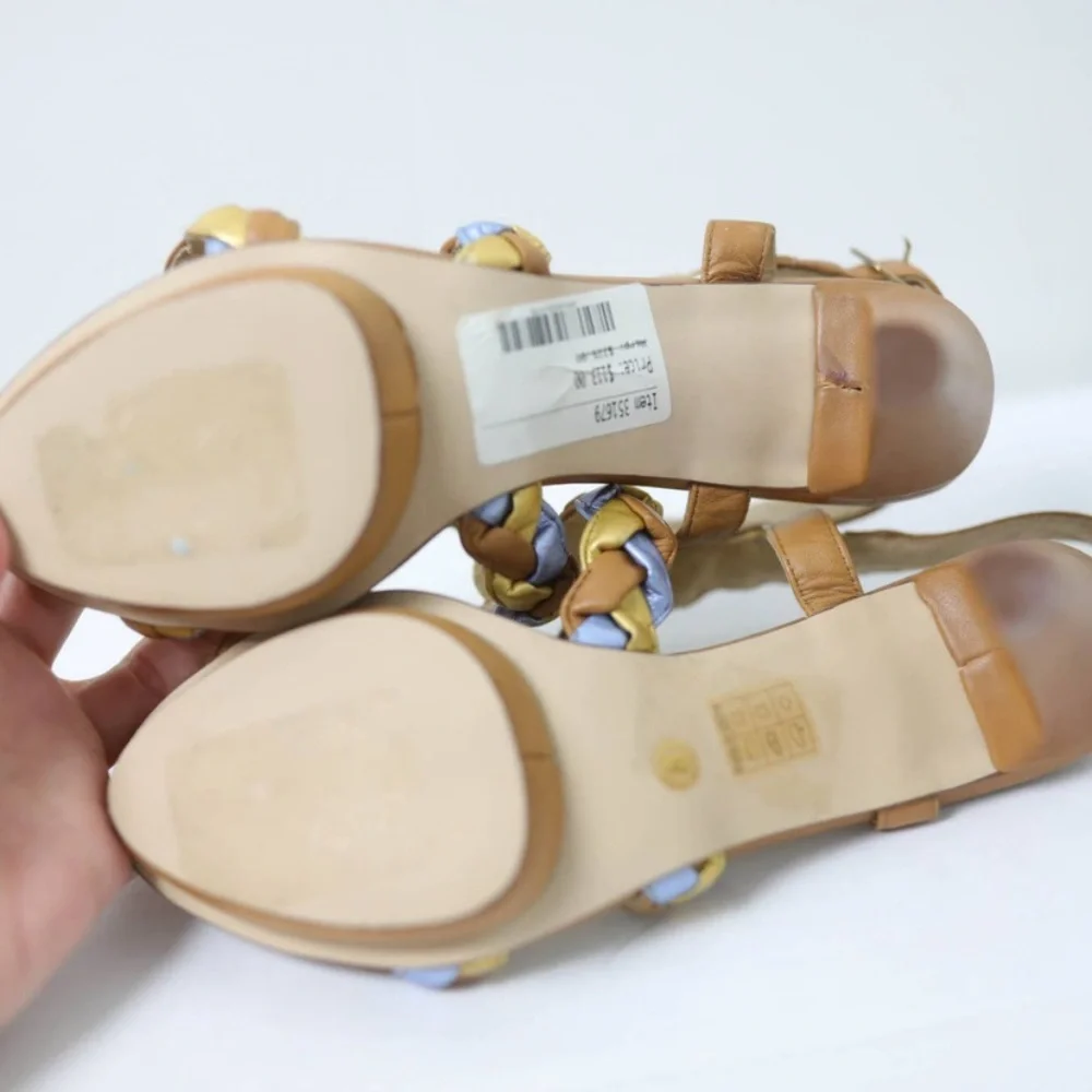 Farylrobin Tan and Gold Braided Heels